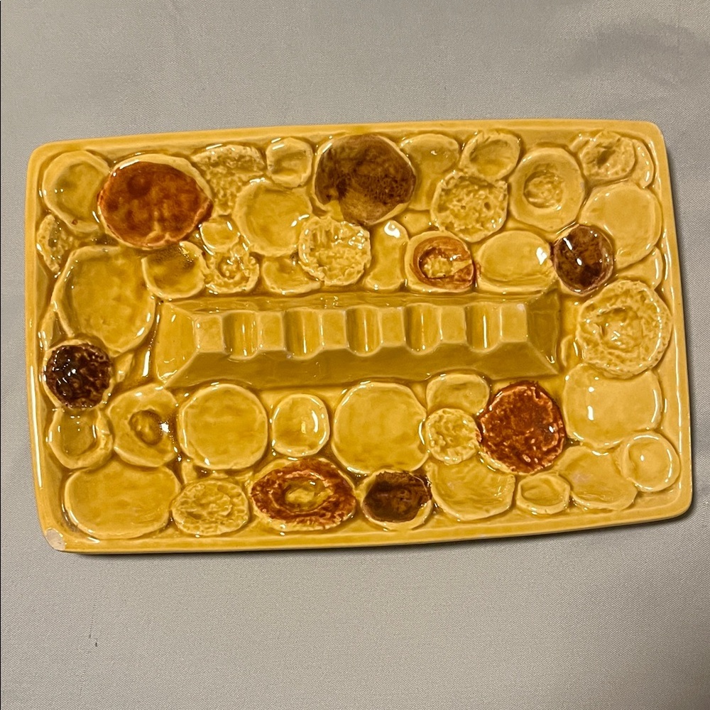 NAPCO MCM Vintage Yellow Gold Brown Orange Ceramic Ashtray Trinkets Tray Box